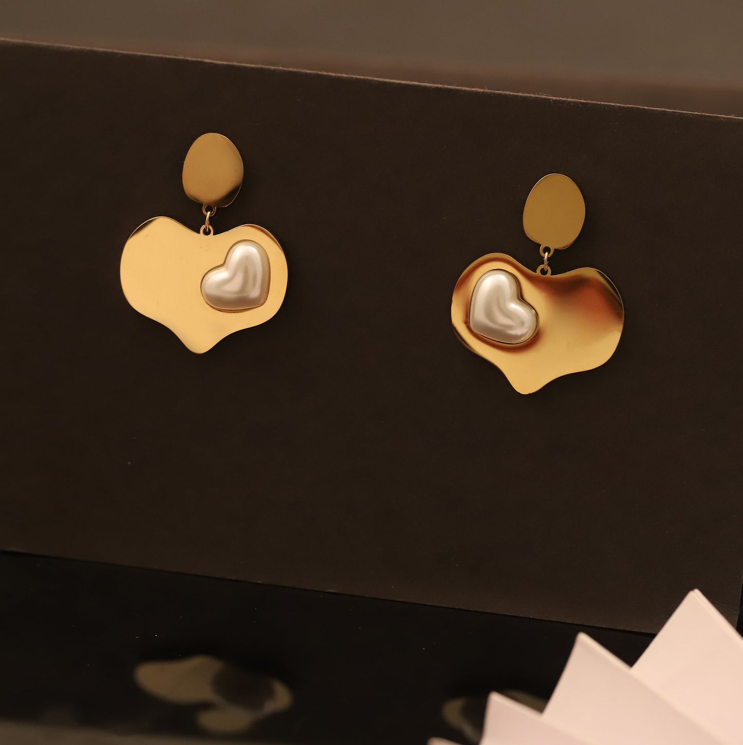 Modern Gold Heart Drop Earrings with Pearl Inlay - Abstract Statement Jewelry