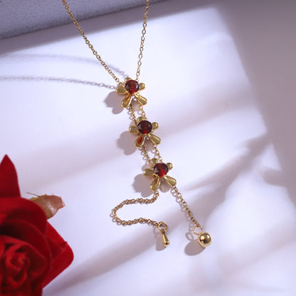 Golden Floral Drop Necklace & Red Gemstone Earrings Set | Flower Dangle Jewelry