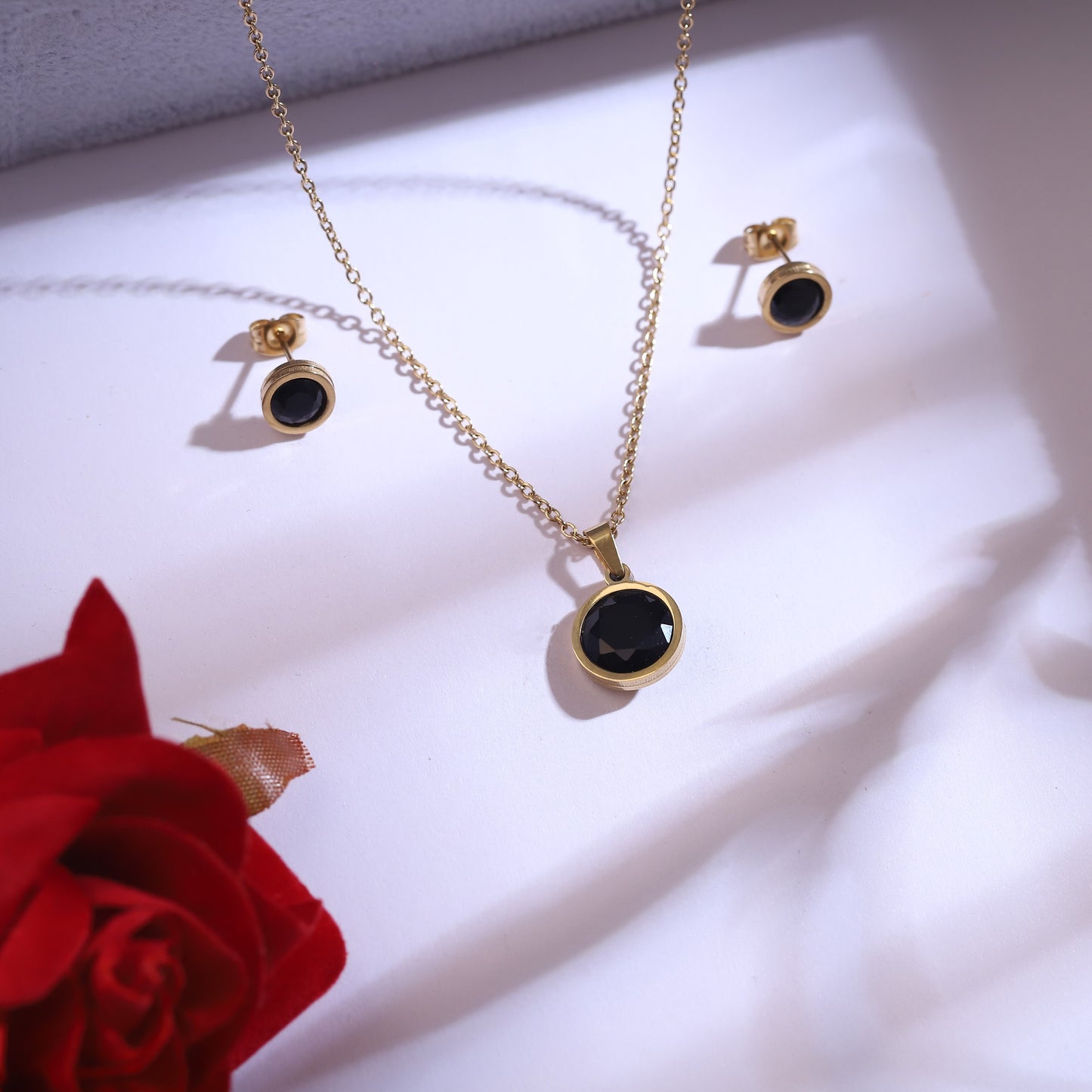 Minimalist Black Stone Gold-Tone Jewelry Set | Round Pendant Necklace & Stud Earrings