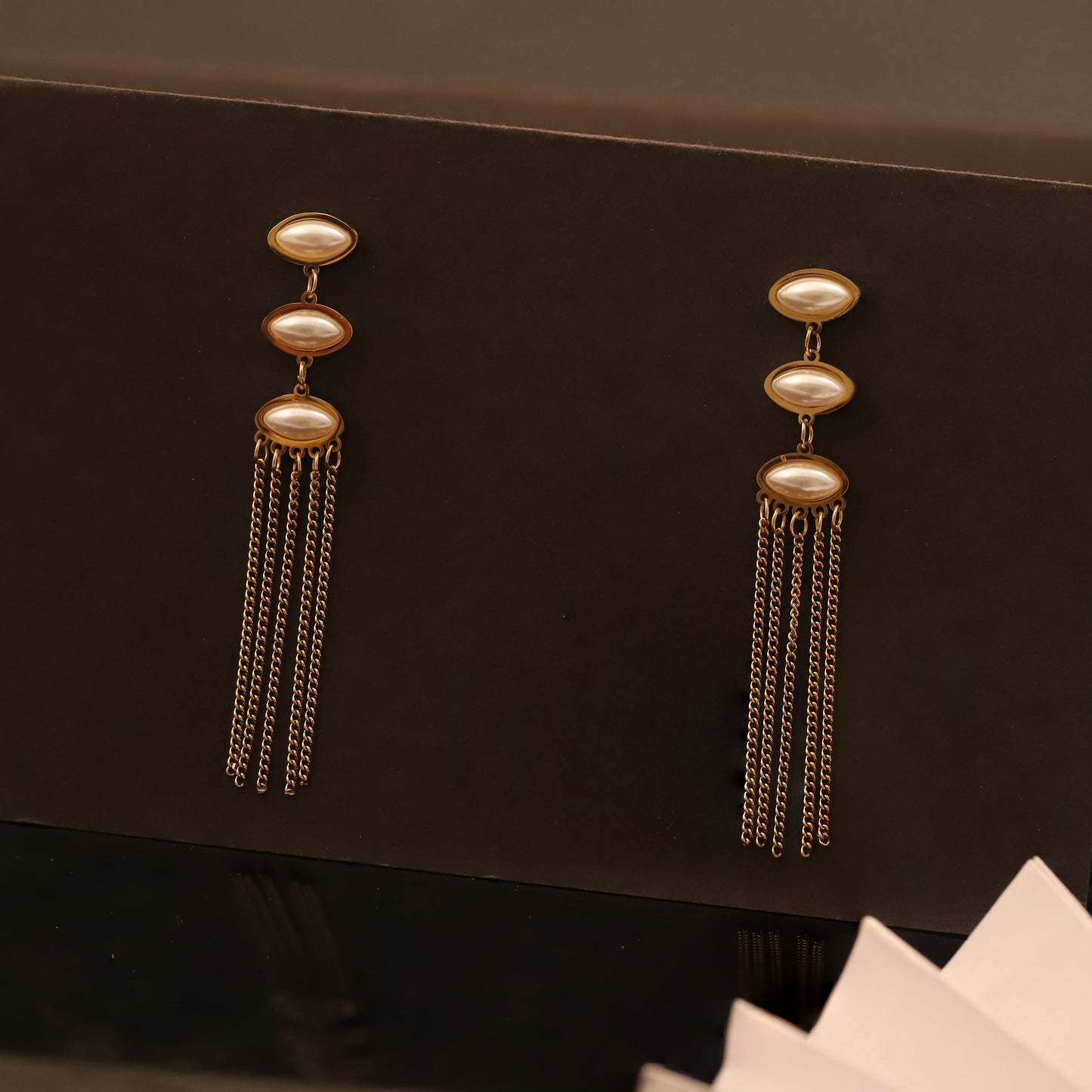 Elegant Pearl Drop Earrings with Gold Chain Tassels - Statement Dangle Earrings