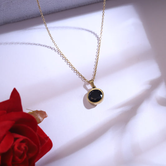Minimalist Black Stone Gold-Tone Jewelry Set | Round Pendant Necklace & Stud Earrings