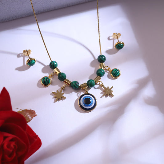 Golden Evil Eye & Star Charm Necklace Set | Green Malachite Beaded Jewelry