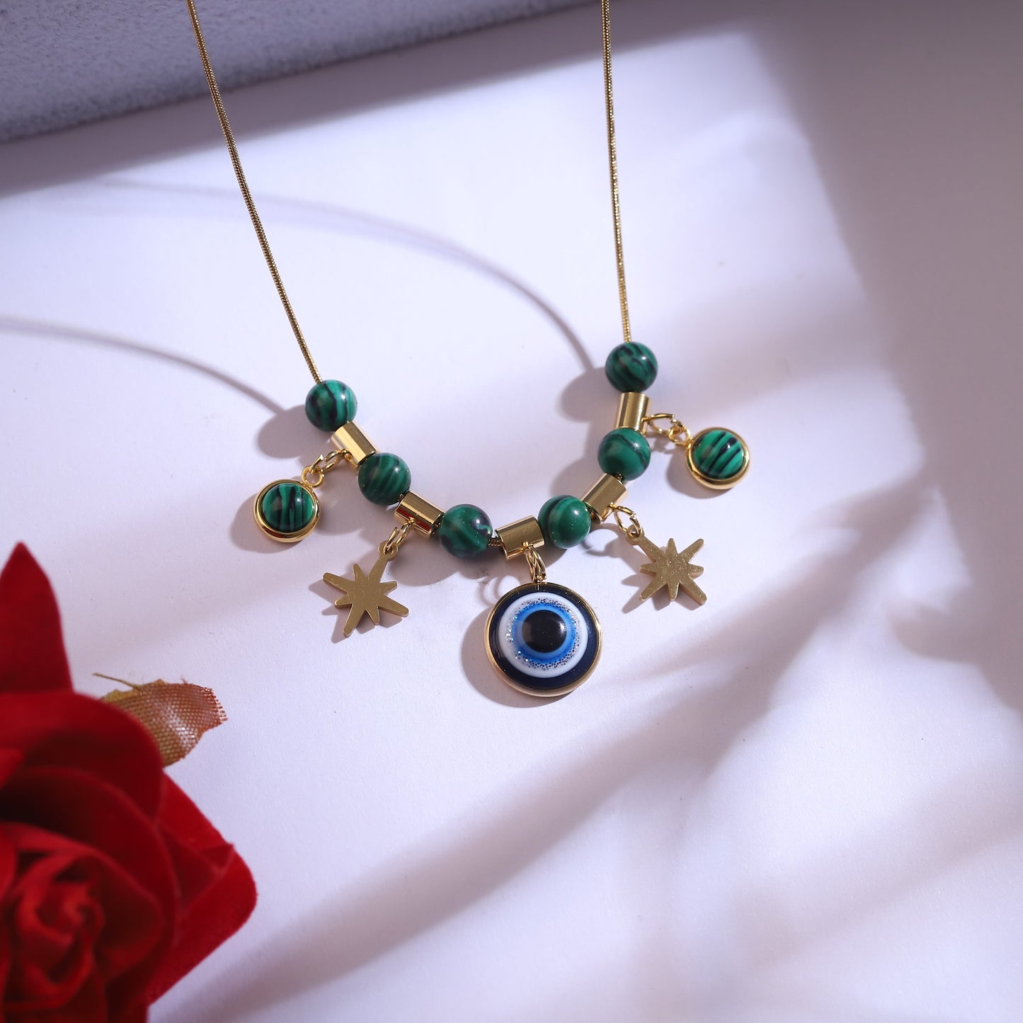 Golden Evil Eye & Star Charm Necklace Set | Green Malachite Beaded Jewelry
