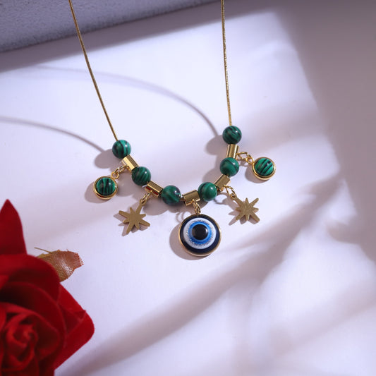 Golden Evil Eye & Star Charm Necklace Set | Green Malachite Beaded Jewelry