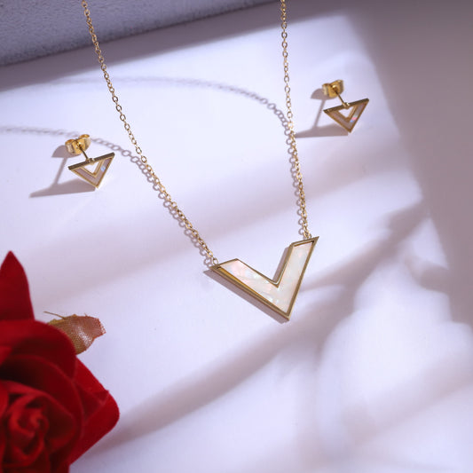 Elegant Gold Plated Mother of Pearl V-Shape Necklace and Earring Set | Dainty Geometric Jewelry Gift