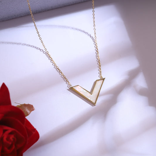 Elegant Gold Plated Mother of Pearl V-Shape Necklace and Earring Set | Dainty Geometric Jewelry Gift