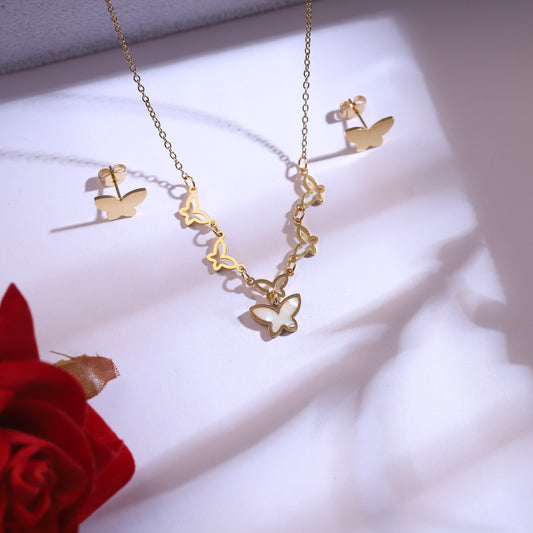 Golden Butterfly & Mother of Pearl Necklace Set | Dainty Winged Jewelry