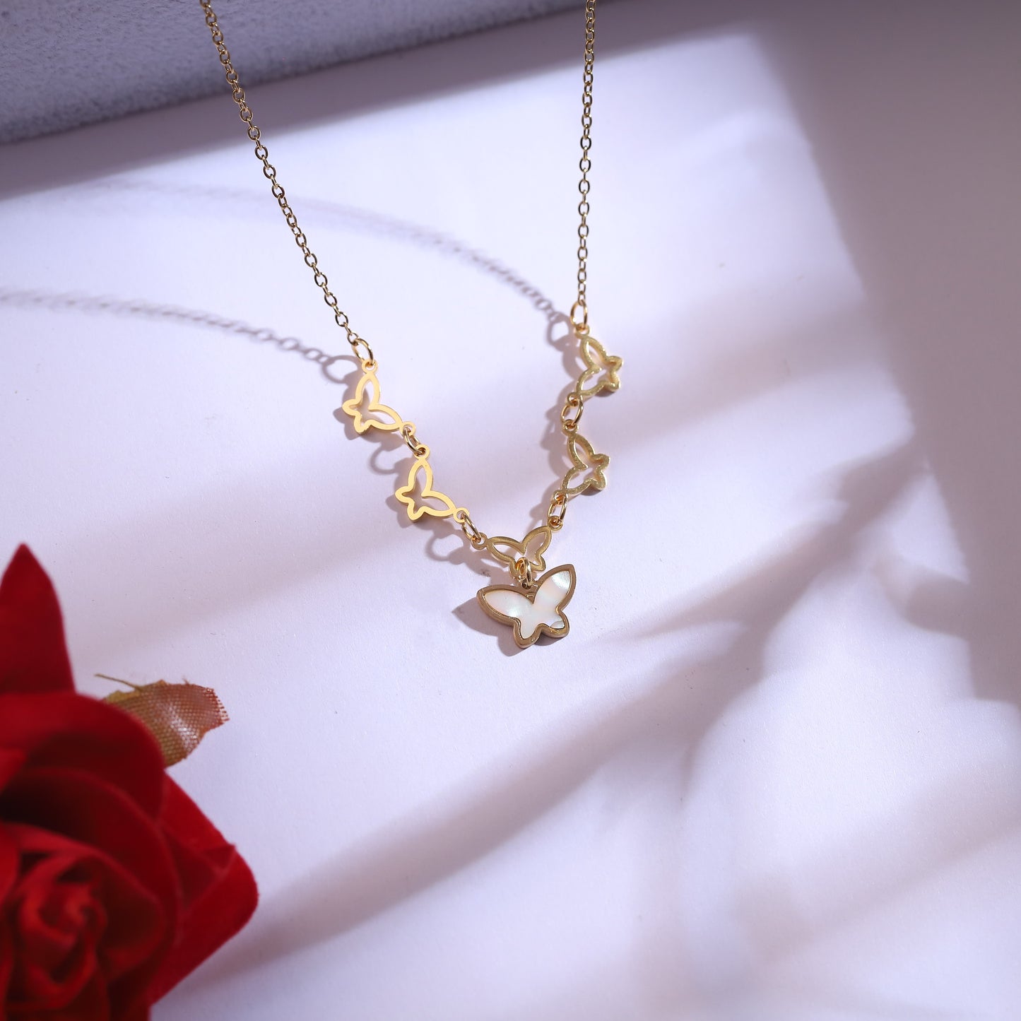 Golden Butterfly & Mother of Pearl Necklace Set | Dainty Winged Jewelry