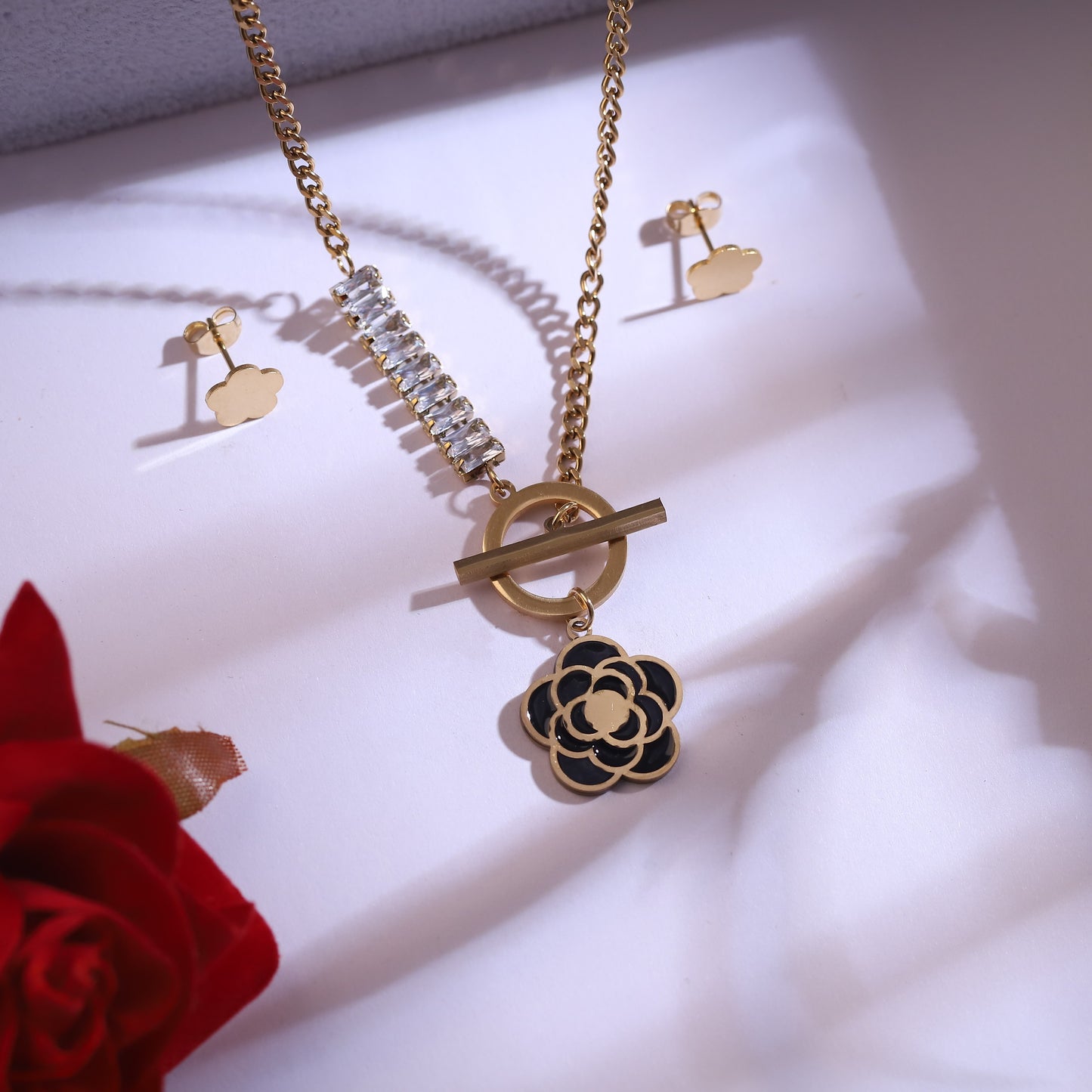Black Camellia Flower Necklace & Cloud Earring Set | Gold Plated Crystal Bar Jewelry
