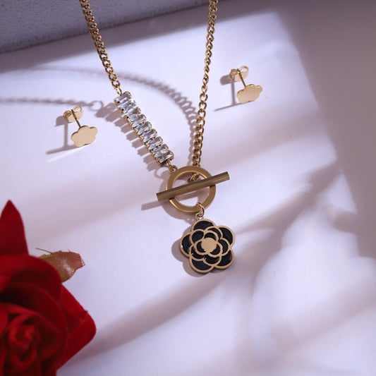 Black Camellia Flower Necklace & Cloud Earring Set | Gold Plated Crystal Bar Jewelry