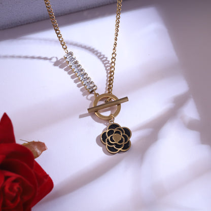 Black Camellia Flower Necklace & Cloud Earring Set | Gold Plated Crystal Bar Jewelry