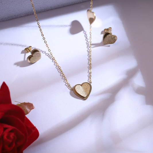 Textured Gold Heart Jewelry Set | Delicate Love Necklace & Stud Earrings