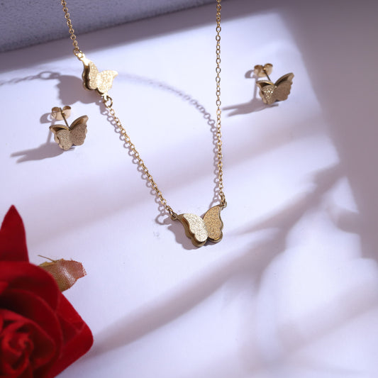 Gold Textured Butterfly Necklace & Stud Earrings Set | Matte Finish Jewelry
