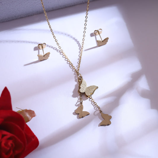 Cascading Gold Butterfly Necklace & Stud Earrings Set | Textured & Polished Finish Jewelry