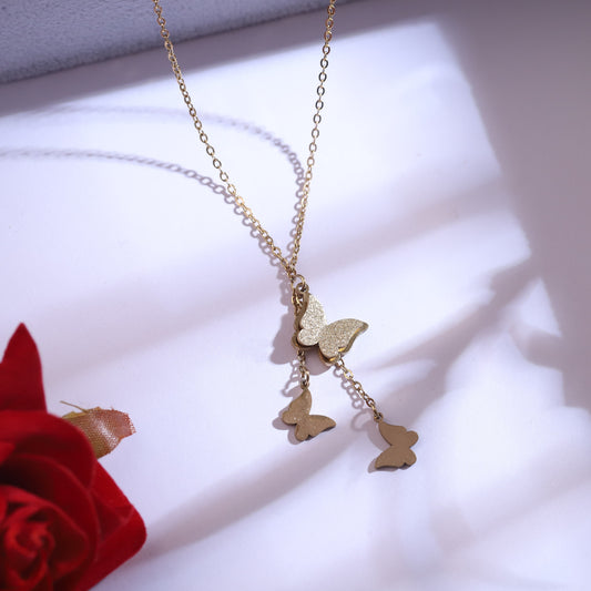 Cascading Gold Butterfly Necklace & Stud Earrings Set | Textured & Polished Finish Jewelry