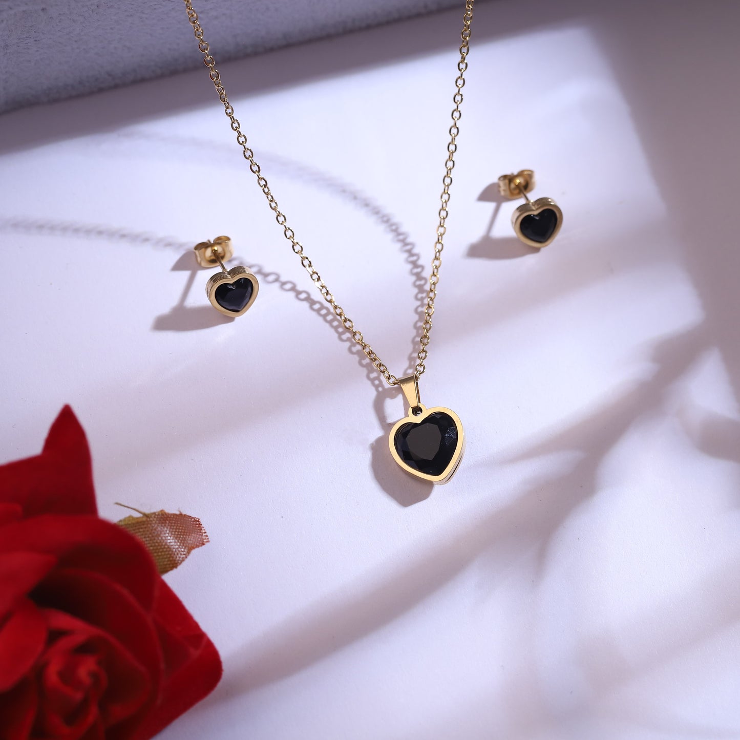 Elegant Black Heart Gold-Tone Jewelry Set | Love Pendant Necklace & Heart Stud Earrings