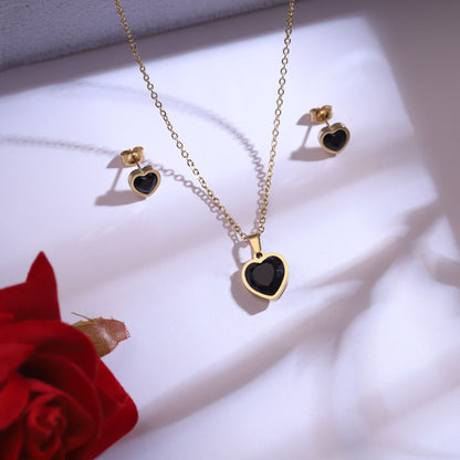 Elegant Black Heart Gold-Tone Jewelry Set | Love Pendant Necklace & Heart Stud Earrings