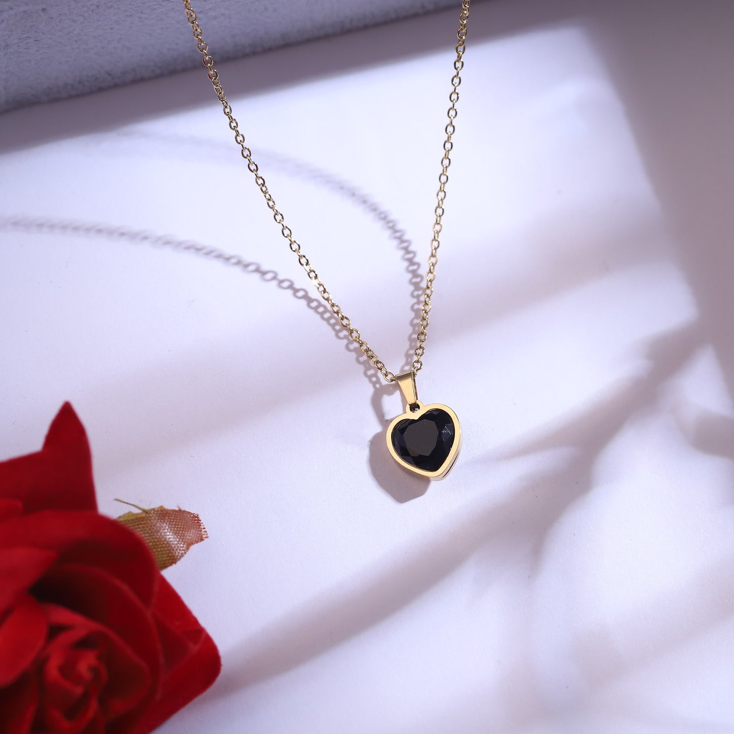 Elegant Black Heart Gold-Tone Jewelry Set | Love Pendant Necklace & Heart Stud Earrings