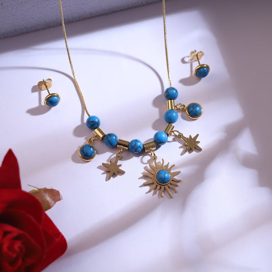 Golden Sun & Star Charm Necklace Set | Blue Turquoise Beaded Jewelry