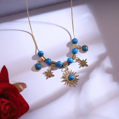 Golden Sun & Star Charm Necklace Set | Blue Turquoise Beaded Jewelry
