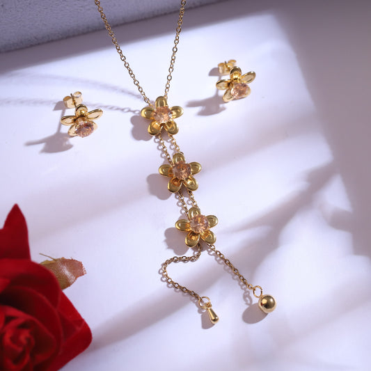 Golden Floral Drop Necklace & Peach Gemstone Earrings Set | Flower Dangle Jewelry