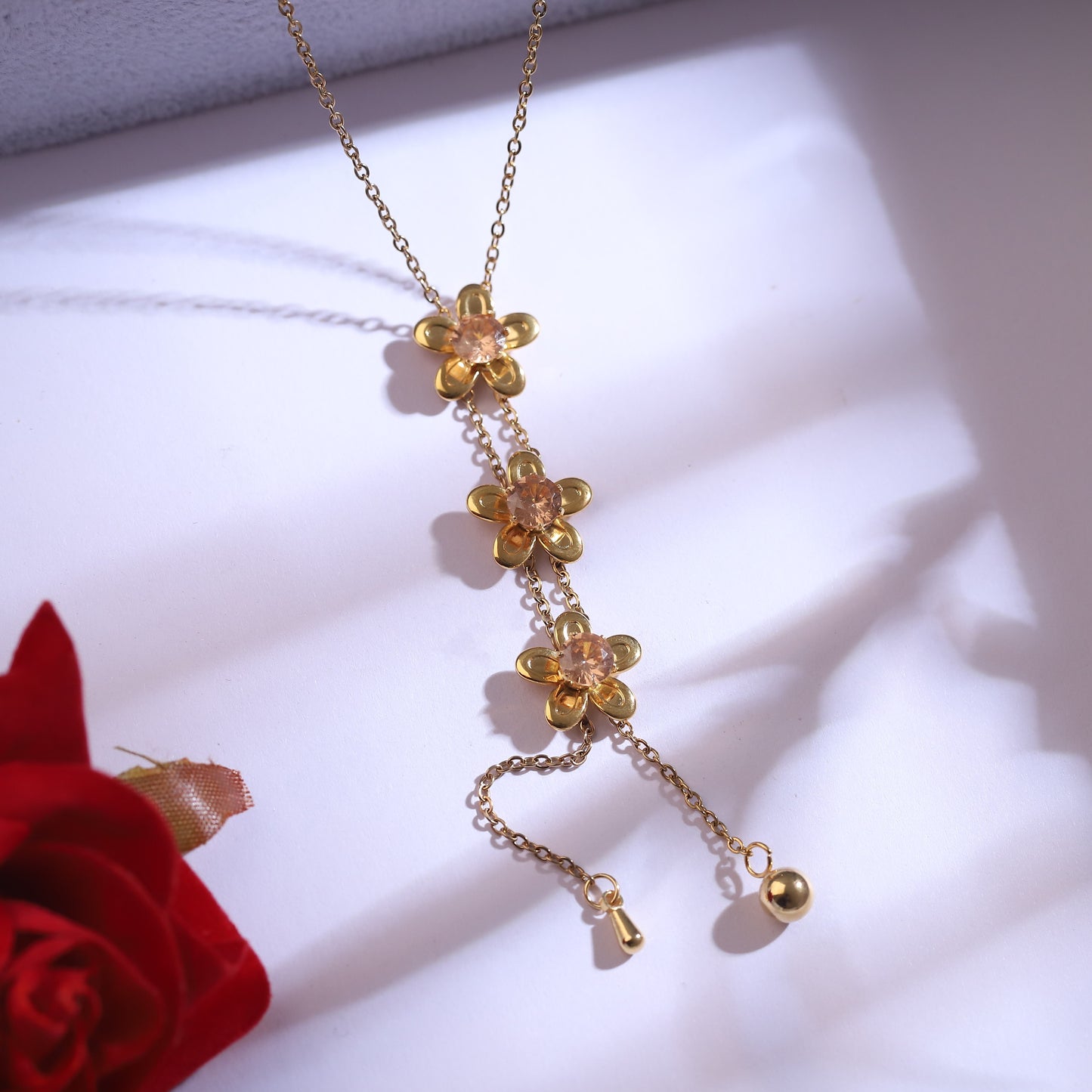 Golden Floral Drop Necklace & Peach Gemstone Earrings Set | Flower Dangle Jewelry