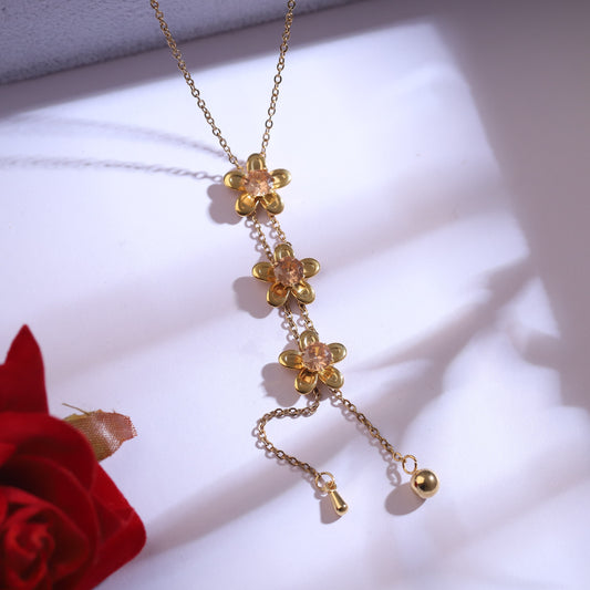 Golden Floral Drop Necklace & Peach Gemstone Earrings Set | Flower Dangle Jewelry