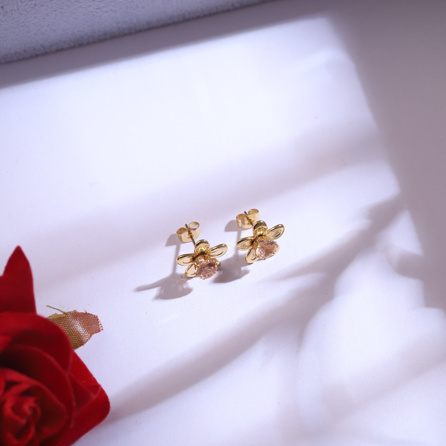 Golden Floral Drop Necklace & Peach Gemstone Earrings Set | Flower Dangle Jewelry
