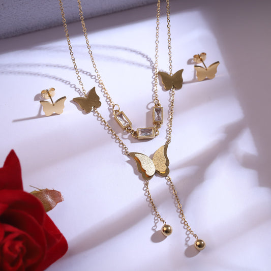 Layered Golden Butterfly Necklace & Crystal Bar with Stud Earrings Set | Delicate Dangle Jewelry