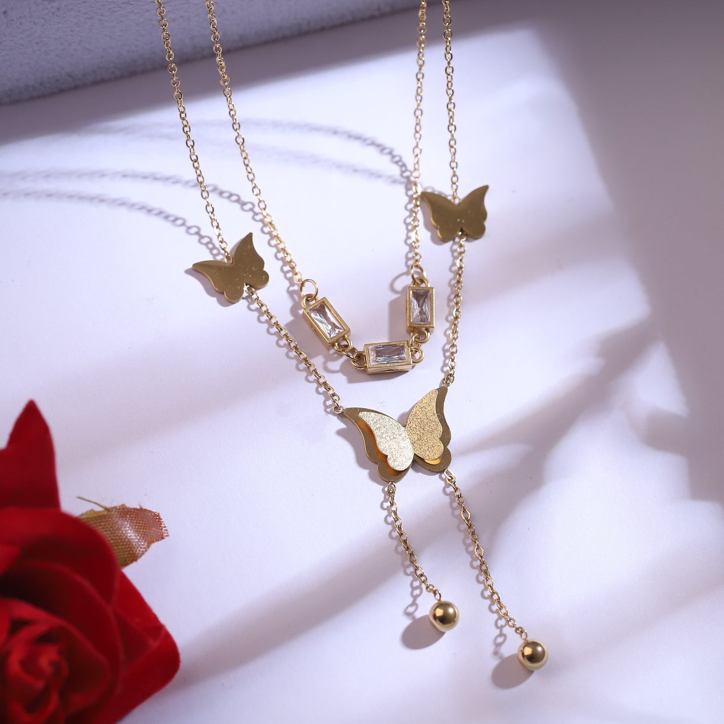 Layered Golden Butterfly Necklace & Crystal Bar with Stud Earrings Set | Delicate Dangle Jewelry