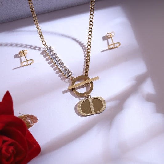 Golden Serpent Chain Necklace & Clover Charm Stud Earrings | Crystal Accent Jewelry Set