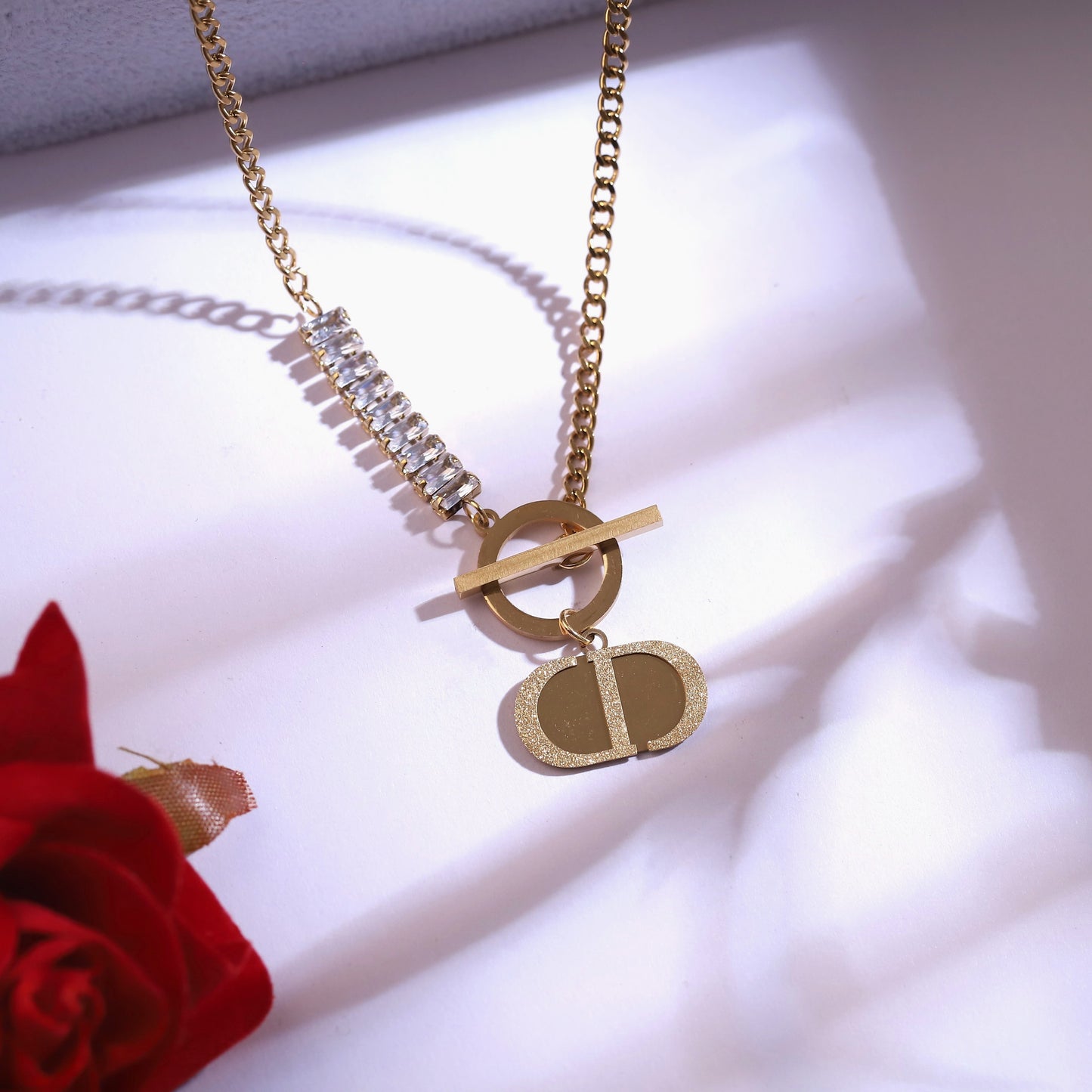 Golden Serpent Chain Necklace & Clover Charm Stud Earrings | Crystal Accent Jewelry Set