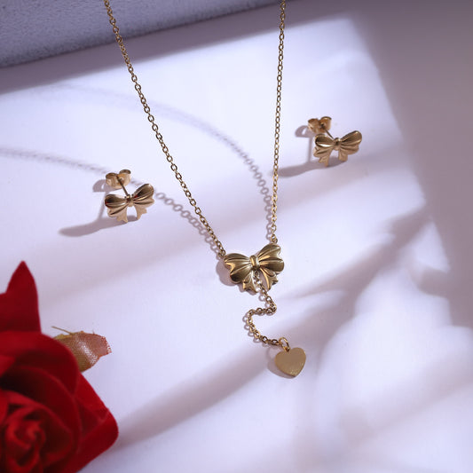 Golden Bow Necklace with Heart Charm & Stud Earrings Set | Dainty Ribbon Jewelry