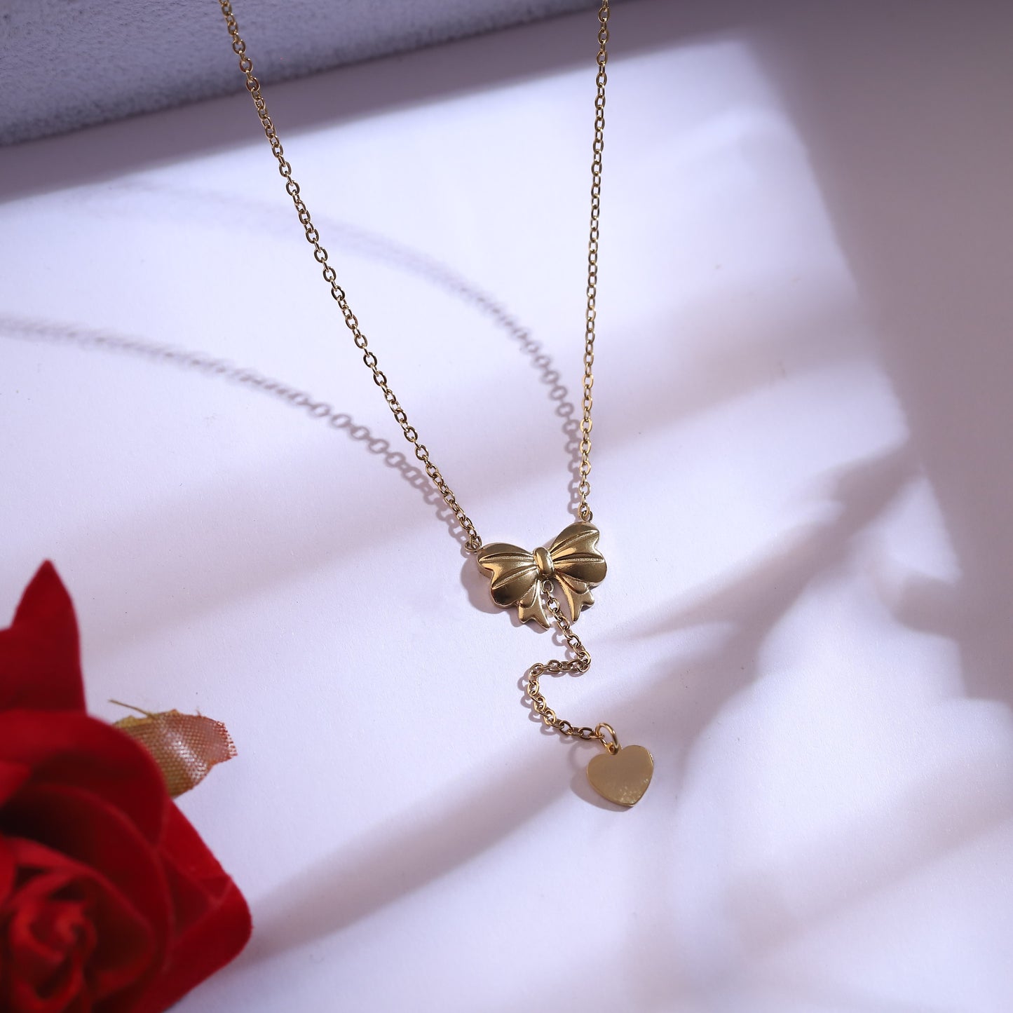 Golden Bow Necklace with Heart Charm & Stud Earrings Set | Dainty Ribbon Jewelry