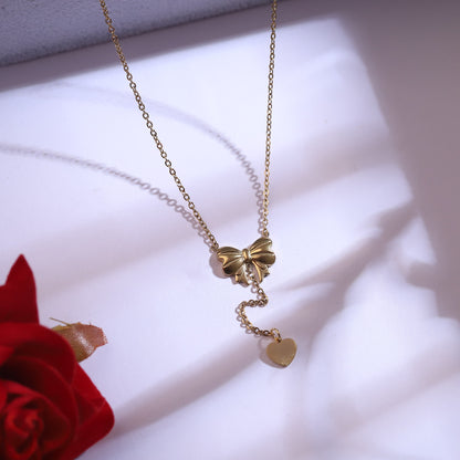Golden Bow Necklace with Heart Charm & Stud Earrings Set | Dainty Ribbon Jewelry
