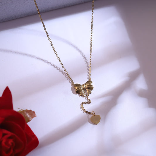 Golden Bow Necklace with Heart Charm & Stud Earrings Set | Dainty Ribbon Jewelry