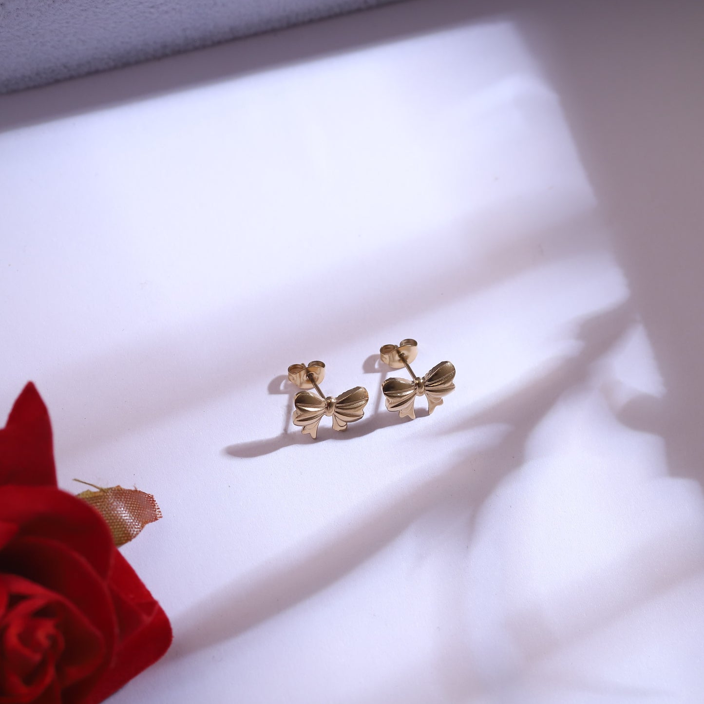 Golden Bow Necklace with Heart Charm & Stud Earrings Set | Dainty Ribbon Jewelry