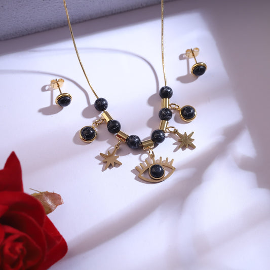 Gold Evil Eye & Star Charm Necklace Set | Black Beaded Dangle Jewelry