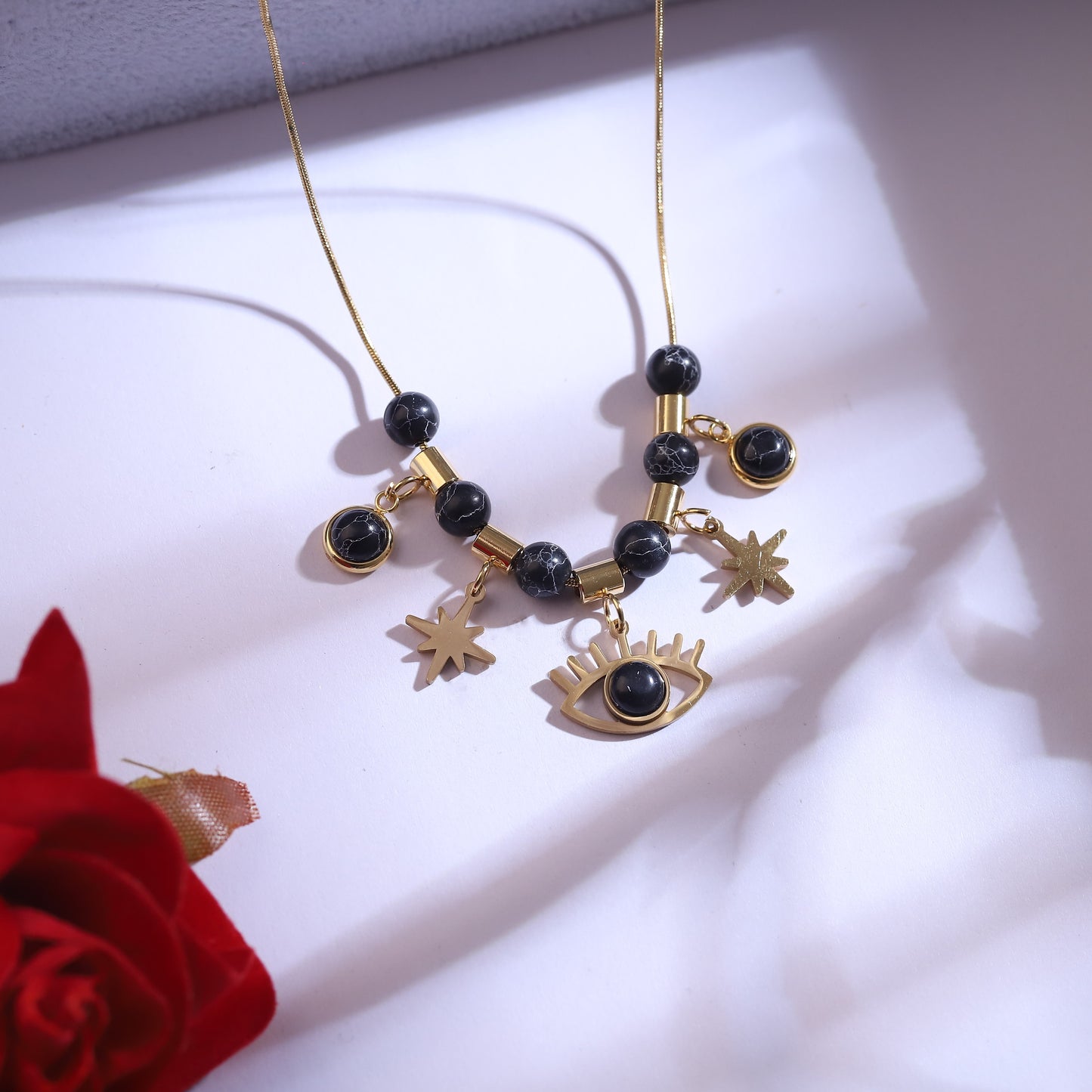 Gold Evil Eye & Star Charm Necklace Set | Black Beaded Dangle Jewelry