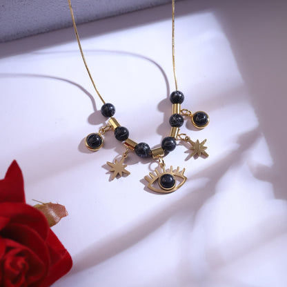 Gold Evil Eye & Star Charm Necklace Set | Black Beaded Dangle Jewelry