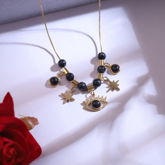 Gold Evil Eye & Star Charm Necklace Set | Black Beaded Dangle Jewelry