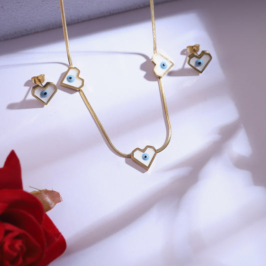 Golden Heart Evil Eye Necklace & Stud Earrings Set | Protection Charm Jewelry
