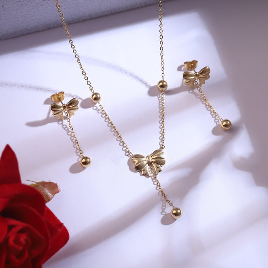 Golden Bow & Ball Drop Necklace with Matching Earrings | Dainty Ribbon Jewelry Set