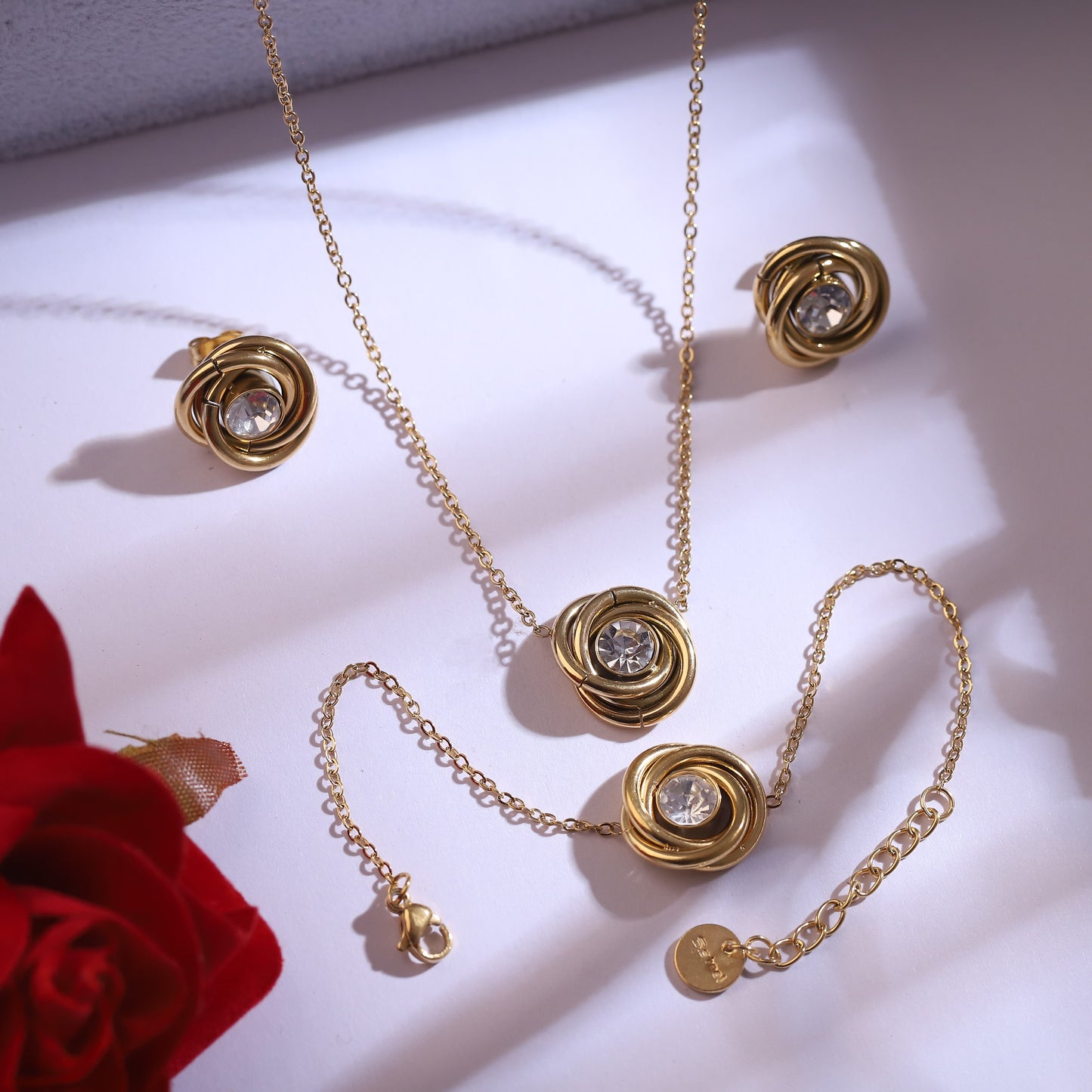 Elegant Rose Gold-Tone Jewelry Set | Crystal Embellished Necklace, Bracelet & Earrings