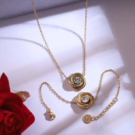 Elegant Rose Gold-Tone Jewelry Set | Crystal Embellished Necklace, Bracelet & Earrings