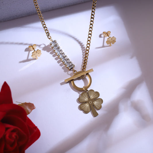 Lucky Clover Gold Plated Toggle Necklace & Crystal Bar Set | Fortune Charm Earrings