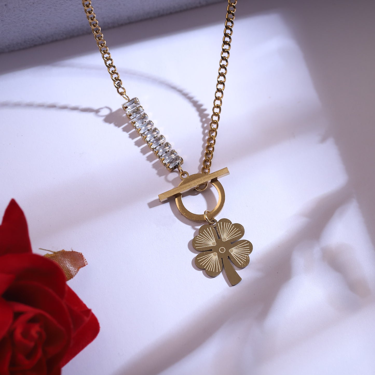 Lucky Clover Gold Plated Toggle Necklace & Crystal Bar Set | Fortune Charm Earrings
