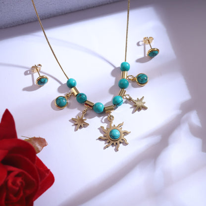 Boho Chic Turquoise Beaded Necklace & Sun Star Charm Set | Gold Plated Fashion Jewelry