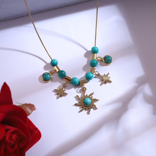 Boho Chic Turquoise Beaded Necklace & Sun Star Charm Set | Gold Plated Fashion Jewelry