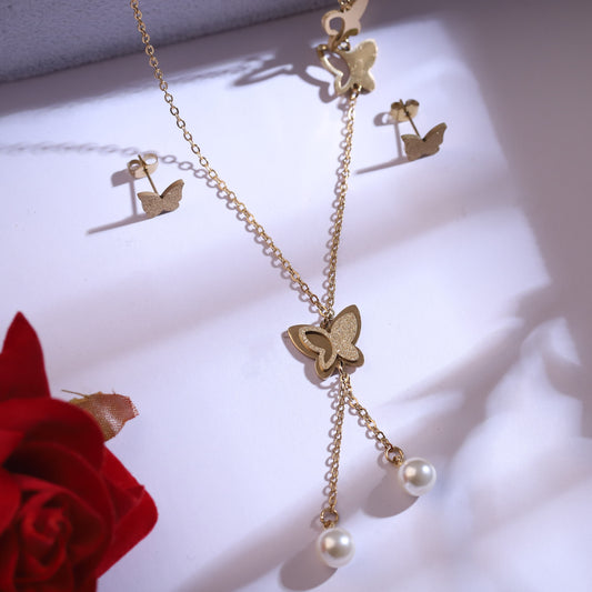 Delicate Gold Butterfly Necklace & Pearl Drop Earring Set | Elegant Charm Jewelry Gift